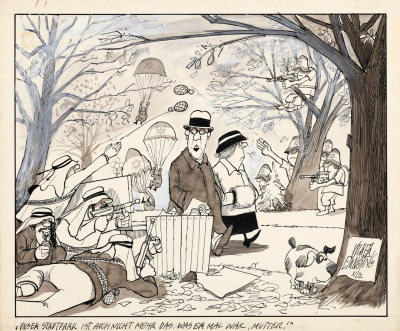 »Unser Stadtpark ist auch nicht mehr das, was er mal war, Mutter!« Karikatur in Reaktion auf das Münchner Olympia-Attentat vom 5. September 1972 (© Volker Ernsting / Repro: Stiftung Haus der Geschichte der Bundesrepublik Deutschland, Bonn)
