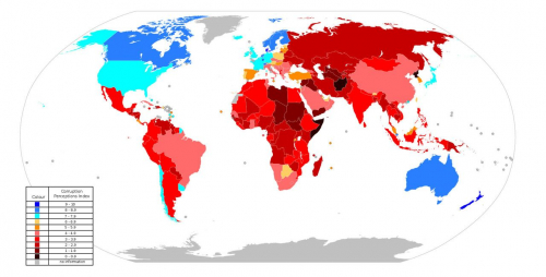 Transparency International erstellt auf Basis von Expertenbefragungen und anderen verfügbaren Daten jährlich einen »Korruptionswahrnehmungsindex« und versucht damit auf die Politik einzuwirken. In rot bis dunkelrot markierten Staaten ist die Korruption besonders gravierend. Deutschland erreicht im Vergleich mit anderen Ländern stets relativ günstige Werte, aber noch 2019 hieß es: »In Deutschland sollten die Transparenz bei der Parteienfinanzierung verbessert und die Regeln zur Mandatsträgerbestechung verschärft werden.« (Karte von 2010, Wikimedia Commons/Public Domain; vgl. auch https://www.transparency.de/cpi/)