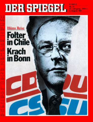 DER SPIEGEL cover 32/1987. Blüm’s trip to Chile caused a major row between his supporters in the CDU and his detractors in the CSU. Some analysts, including DER SPIEGEL, believed that the historic alliance between the two parties could become undone over the issue.