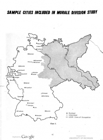 Westdeutsche Städte, in denen die Morale Division ihre Befragungen durchführte (aus: The United States Strategic Bombing Survey, The Effects of Strategic Bombing on German Morale, Vol. I, Washington 1947, S. VI; Public Domain, Google-digitized)