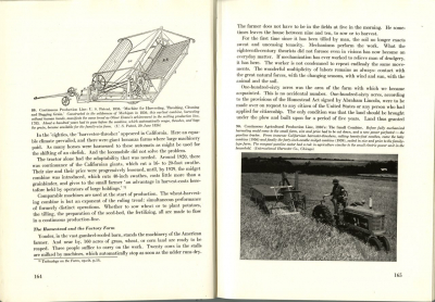 Zeichnung und Fotografie, Patent und Praxis, 19. und 20. Jahrhundert: Doppelseite mit dem ersten US-Patent eines Mähdreschers (1836) und einem Klein-Mähdrescher bei der Ernte (1930) (aus: Sigfried Giedion, Mechanization Takes Command. A Contribution to Anonymous History, New York 1948, S. 164f.)