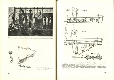 Doppelseite mit Illustrationen zum mechanisierten Schweineschlachten, unter anderem aus dem US-Patent von 1882 (rechts) (aus: Sigfried Giedion, Mechanization Takes Command. A Contribution to Anonymous History, New York 1948, S. 230f.)