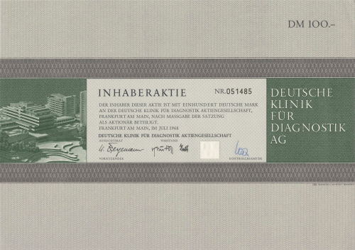 Schon im Juli 1968 wurde die Aktie der 1967 gegründeten Deutschen Klinik für Diagnostik AG ausgegeben. Im April 1970 eröffnete die Wiesbadener Klinik, die ausschließlich zur Diagnose und für Vorsorgeuntersuchungen diente. Nach anfänglichem Erfolg begann die Patientenzahl bereits 1972 zu sinken, und die Klinik machte Verluste. 1973 wurde ihre Auflösung beschlossen, die AG 1976 schließlich gelöscht. (Stiftung Haus der Geschichte der Bundesrepublik Deutschland, Bonn)