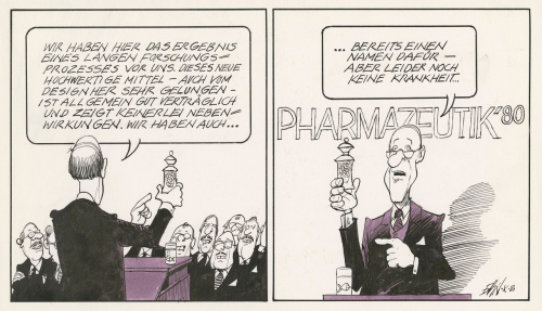 Diese Karikatur ist ein Indiz dafür, wie umstritten die Pharmaindustrie bereits vor 40 Jahren war. (© Volker Ernsting / Repro: Stiftung Haus der Geschichte der Bundesrepublik Deutschland, Bonn)