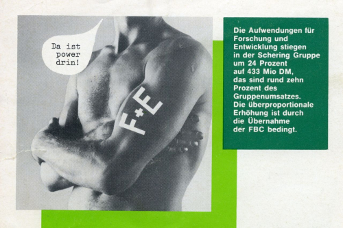 Die Grafik verdeutlicht, welchen Stellenwert das F&E-Engagement für die Pharmaunternehmen gewann: Es galt aus Ausdruck gesteigerter Leistungsfähigkeit und diente auch der öffentlichen Inszenierung. (Faltblatt »Das war Schering 1983!«, in: Schering in Zahlen, 1984, Schering-Archiv, SchA-034-003)