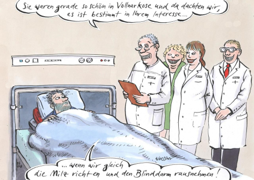 Operationen – in wessen Interesse? Karikatur von Freimut Woessner, 2015. Woessner hat sich aus aktuellen Anlässen immer wieder mit Gesundheitsthemen beschäftigt, neben Cartoons für Zeitungen und Zeitschriften etwa auch in seinen Buchveröffentlichungen »Bitte freimachen! Da schmunzeln die Gesundheitswesen!« (Frankfurt a.M. 1999) und »Ich pflege gern! Cartoons für Pflegende« (Frankfurt a.M. 2003). (https://www.toonpool.com, https://f-woessner.de)