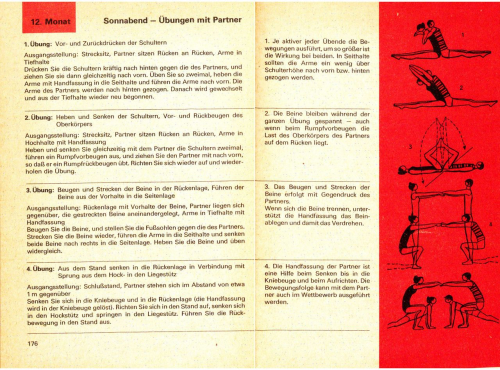 »Je aktiver jeder Übende die Bewegungen ausführt, um so größer ist die Wirkung bei beiden«. Doppelseite aus dem Buch »Mit Gymnastik durchs Jahr« (1978/80)