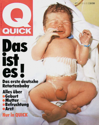 Cover der »Quick« vom 22. April 1982. Die Illustrierte hatte die Exklusivrechte an der Printberichterstattung über das erste deutsche »Retortenbaby« bei den Eltern erworben. In einer Artikelserie schilderte die Zeitschrift die lange Leidensgeschichte der Eltern, die Behandlungen in der Frauenklinik, die Arbeit des Erlanger Teams und die Geburt des Kindes.