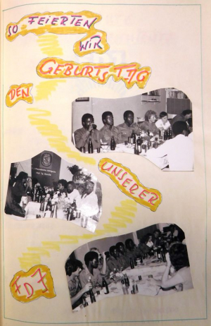 Gemeinsam feiern wie in der DDR: 37. Jahrestag der Gründung der FDJ, 7. März 1983. Brigade »Hoji ya Henda«, Angola 1982/83 (Bundesarchiv Berlin-Lichterfelde, SAPMO, DY-24-20215)