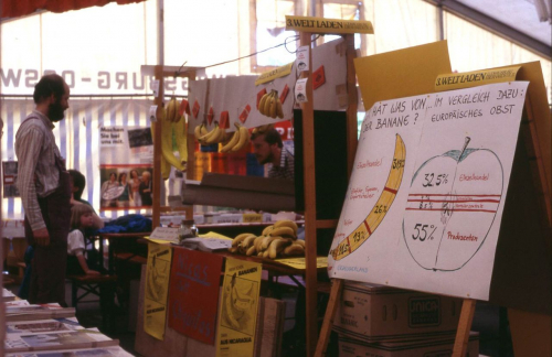 Aktionsstand des »Dritte-Welt-Ladens« in Ludwigsburg mit dem Verkauf von Bananen aus Nicaragua, um 1985. Das Plakat rechts im Bild verdeutlicht mit einer häufig abgewandelten Grafik den geringen Anteil, den die Produzent*innen im Globalen Süden vom Verkauf der Waren erhielten. (Privatbesitz Christoph Kunz/Weltladen Ludwigsburg)