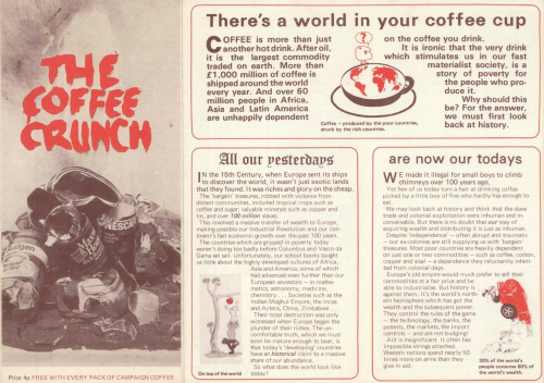 Broschüre des ab 1976 von der Oxforder Ladengruppe »Uhuru« verkauften »Campaign Coffee«. Produktverpackungen und begleitendes Material wurden genutzt, um Konsument*innen über die Strukturen des Kaffeehandels aufzuklären. (Privatbesitz Jon Danzig, London)