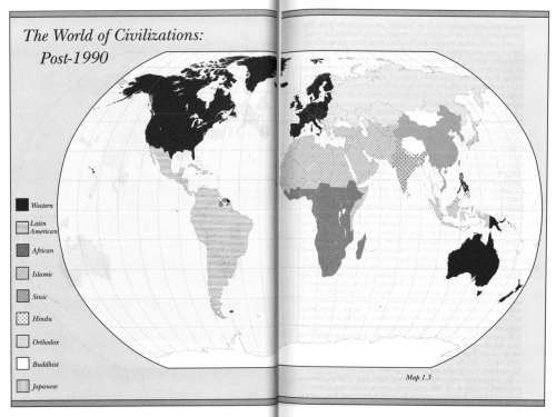 Huntingtons Weltkarte: klar abgegrenzte Kulturräume (aus: Clash of Civilizations, S. 26f.)