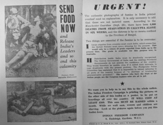 Dieses beidseitig bedruckte Flugblatt der Indian Freedom Campaign findet sich zwischen den Ausgaben des »Socialist Commentary« von 1943, die im Labour History Archive & Study Centre des People’s History Museum Manchester stehen. Dieses beidseitig bedruckte Flugblatt der Indian Freedom Campaign findet sich zwischen den Ausgaben des »Socialist Commentary« von 1943, die im Labour History Archive & Study Centre des People’s History Museum Manchester stehen.