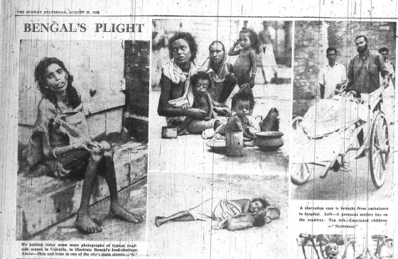 »Bengal’s Plight«. Der Zeichner Vicky nahm die beiden Fotos links als Vorlage für seine eigene Darstellung. (Ausschnitt aus: The Statesman, 29.8.1943, unpaginiert) »Bengal’s Plight«. Der Zeichner Vicky nahm die beiden Fotos links als Vorlage für seine eigene Darstellung. (Ausschnitt aus: The Statesman, 29.8.1943, unpaginiert)
