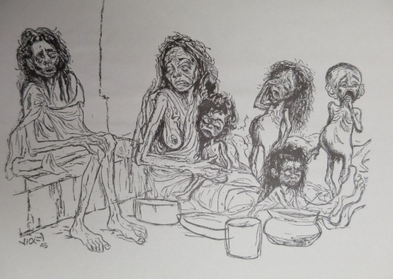 »Give us this day our daily bread«. Solche christlichen Formeln, die den Darstellungen der Hungersnot beigefügt wurden, dienten vor allem zur Identifikation der Betrachter*innen mit den Betroffenen. (aus: 9 Drawings of Vicky. Introduction by Mulk Raj Anand, London 1944, S. 15) »Give us this day our daily bread«. Solche christlichen Formeln, die den Darstellungen der Hungersnot beigefügt wurden, dienten vor allem zur Identifikation der Betrachter*innen mit den Betroffenen. (aus: 9 Drawings of Vicky. Introduction by Mulk Raj Anand, London 1944, S. 15)