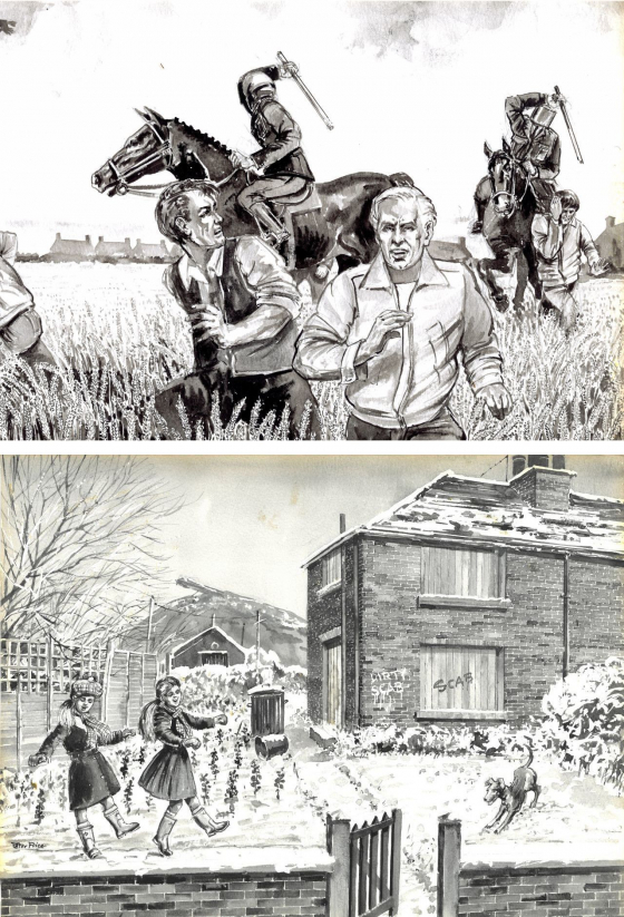 The artist Peter Price’s visualisation of the centrifugal pressures that the 1984/85 coal strike exerted upon the Yorkshire mining community of Maltby. The ink drawings were made towards the end of the strike or shortly thereafter. (courtesy of the National Union of Mineworkers)