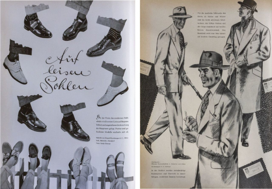 Links: Er. Die Zeitschrift für den Herrn 1 (1950/51) H. 1, S. 54; Modelle von Eduard Rheinberger A.G., Offenbach, Mercedes, Dorndorf; Fotos: Ferdy Dittmar Rechts: Er. Die Zeitschrift für den Herrn 1 (1950/51) H. 10, S. 14; Stoffmuster: Dürener Feintuchfabrik, L. Schoeller und Söhne; Zeichnungen: R.G. Collaud Links: Er. Die Zeitschrift für den Herrn 1 (1950/51) H. 1, S. 54; Modelle von Eduard Rheinberger A.G., Offenbach, Mercedes, Dorndorf; Fotos: Ferdy Dittmar Rechts: Er. Die Zeitschrift für den Herrn 1 (1950/51) H. 10, S. 14; Stoffmuster: Dürener Feintuchfabrik, L. Schoeller und Söhne; Zeichnungen: R.G. Collaud