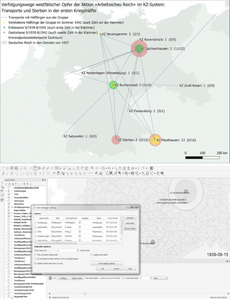 Visualisierung der Verfolgungswege einer Gruppe von Opfern der Aktion »Arbeitsscheu Reich« nach der Verhaftung im Juni 1938. Die Software QGIS ermöglicht neben einer statischen Darstellung aggregierter Daten für einzelne Zeitphasen (Abb. oben) über einen Time Manager auch zeiträumliche Verlaufsvisualisierungen (Abb. unten). Für vertiefende Informationen und eine dynamische Visualisierung siehe https://nghm.hypotheses.org/2749. Grundkarte: Max Planck Institute for Demographic Research (MPIDR) and Chair for Geodesy and Geoinformatics (CGG), University of Rostock 2011