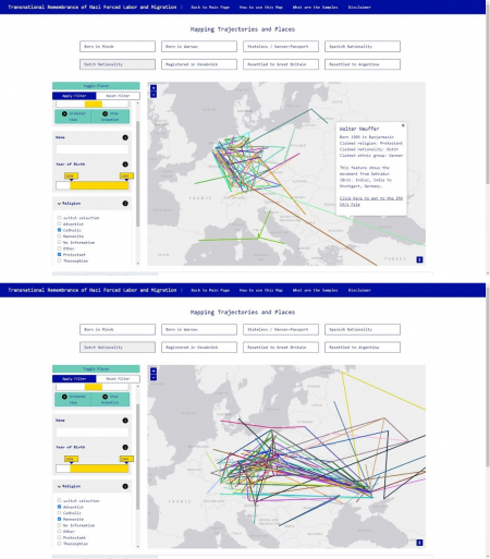 Vergleich der Bewegungsprofile zwischen 1920 und 1944 für zwei Gruppen aus einem Sample von Menschen, die vor der IRO eine niederländische Staatsbürgerschaft reklamierten. In den beiden Ausschnitten der interaktiven Karte der Projektwebsite sind Bewegungen von Personen mit katholischer und protestantischer (oben) sowie mit adventistischer bzw. mennonitischer (unten) Religionszugehörigkeit abgebildet. Auf der linken Seite werden die Filter gesetzt (u.a. Geburtsjahr, Jahr der Bewegung, Religion). Die (farbigen) Linien markieren jeweils die Bewegung einer Person. Das Portal ist erreichbar unter https://transrem.arolsen-archives.org/maps/.