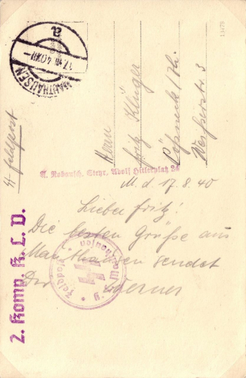 Abb. 5: »Feldpost SS K.L. Mauthausen«, Postkarte (Rückseite), gelaufen, 17. August 1940, Echte Photographie (Verlag A. Robausch, Steyr) (https://de.wikipedia.org/wiki/Datei:KZ_Mauthausen_(Dachau).jpg; leider ist die Vorderseite dort nicht verfügbar)
