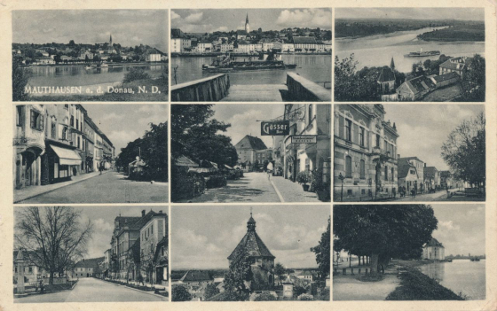 Abb. 6: »Mauthausen a.d. Donau, N.D.«, Postkarte, gelaufen, 27. Juli 1943, schwarz-weißer Lichtdruck (Verlag Franz Mörtl, Wien). Zwei der neun Teilbilder wurden später auch für die eingangs gezeigte Postkarte der 1950er-Jahre verwendet (Abb. 1).