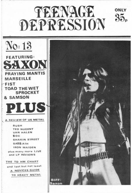 Do-it-yourself-Mentalität in Fanzines: Cover von »Teenage Depression« Nr. 13 (1980). »A NOVICES GUIDE TO HEAVY METAL« deutete auf den »frischen Wind« durch die »New Wave of British Heavy Metal« sowie auf die sich langsam ausbreitende Selbstbezeichnung »Heavy Metal«. (https://www.thecorroseum.org/fanzines/teenage_depression-13.php)