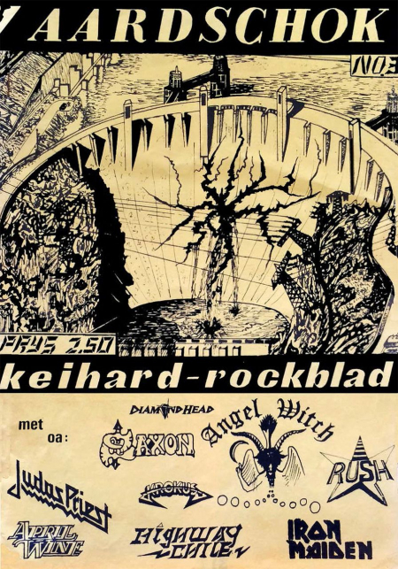 Cover des niederländischen Metal-Magazins »Aardschok« Nr. 3 (1981): Der Damm bricht – Anspielung auf den Wellen-Charakter der NWOBHM mit Bands wie Iron Maiden, Diamond Head, Saxon und Angel Witch. (https://www.thecorroseum.org/fanzines/aardschok-03.php)
