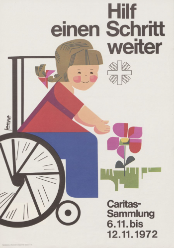 Das Plakat einer Caritas-Sammlung aus dem Jahr 1972 zeigt ein Mädchen oder eine sehr kindlich wirkende Frau mit Zopf im Rollstuhl. Die Person beugt sich zu einer Blume hinab, kann sie aber nicht erreichen. Das Plakat mit der Überschrift »Hilf einen Schritt weiter« steht für die Vielzahl von Bildern, die eine spezifische Sicht von Institutionen und Menschen ohne Behinderungen wiedergeben. Handelt es sich um Fotos, wurden sie früher häufig ohne Zustimmung der abgebildeten Personen aufgenommen. (Archiv des Deutschen Caritasverbandes) Das Plakat einer Caritas-Sammlung aus dem Jahr 1972 zeigt ein Mädchen oder eine sehr kindlich wirkende Frau mit Zopf im Rollstuhl. Die Person beugt sich zu einer Blume hinab, kann sie aber nicht erreichen. Das Plakat mit der Überschrift »Hilf einen Schritt weiter« steht für die Vielzahl von Bildern, die eine spezifische Sicht von Institutionen und Menschen ohne Behinderungen wiedergeben. Handelt es sich um Fotos, wurden sie früher häufig ohne Zustimmung der abgebildeten Personen aufgenommen. (Archiv des Deutschen Caritasverbandes)