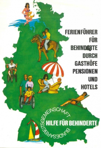 Zum Beginn der 1970er-Jahre gaben Interessenvereinigungen für behinderte Menschen erste Urlaubsreiseführer heraus – hier der Ferienführer der Bundesarbeitsgemeinschaft »Hilfe für Behinderte«, Ausgabe 1972/73. Zum Beginn der 1970er-Jahre gaben Interessenvereinigungen für behinderte Menschen erste Urlaubsreiseführer heraus – hier der Ferienführer der Bundesarbeitsgemeinschaft »Hilfe für Behinderte«, Ausgabe 1972/73.