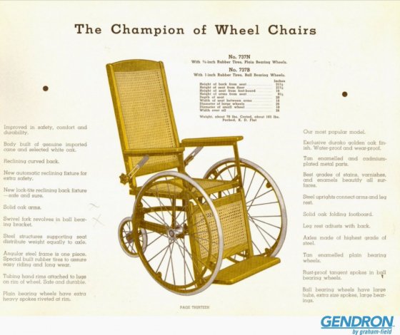 High quality, but for indoor use only: advertisement from Gendron Company wheelchair catalogue, ca. 1937–1945 (courtesy of https://gendroninc.com/; see also https://www.utoledo.edu/library/virtualexhibitions/dvx/ctrpc_gendron.html) High quality, but for indoor use only: advertisement from Gendron Company wheelchair catalogue, ca. 1937–1945 (courtesy of https://gendroninc.com/; see also https://www.utoledo.edu/library/virtualexhibitions/dvx/ctrpc_gendron.html)