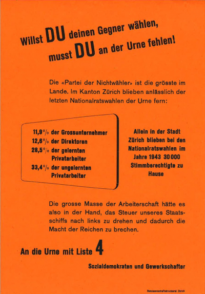 »Willst DU deinen Gegner wählen, musst DU an der Urne fehlen!« Sozialdemokratisches Flugblatt zu den Nationalratswahlen von 1947 (Schweizerisches Sozialarchiv, Ar 1.230.3) »Willst DU deinen Gegner wählen, musst DU an der Urne fehlen!« Sozialdemokratisches Flugblatt zu den Nationalratswahlen von 1947 (Schweizerisches Sozialarchiv, Ar 1.230.3)