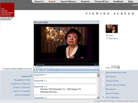 Bildschirmdarstellung des Interviews mit Renata Adler; USC Shoah Foundation Institute
URL: http://sfi.usc.edu