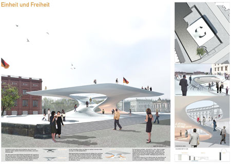 Ein Beispiel für elegantes Design, das es mühelos in die zweite Wertungsrunde schaffte: „Aus der Sockelfläche steigen zwei Wege auf, wachsen zusammen, bilden und tragen eine höhergelegene Ebene.“
Entwurf Nr. 1375, Christoph Roselius/Julian Hillenkamp, eins:eins Architekten, Hamburg, in Arbeitsgemeinschaft mit Dipl.-Ing. Heinrich Wähning
(© eins:eins Architekten)
(Zum Vergrößern bitte auf das Bild klicken.)