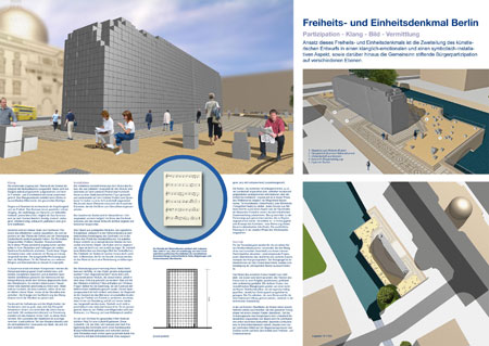 Eines der auf Partizipation angelegten Projekte: Die Nationalhymne „wird von Bürgern individuell gesummt, aufgezeichnet und dann im Freiheits- und Einheitsdenkmal choral zusammengeführt. Das Klangkunstwerk entfaltet seine Stärke im tausendfachen Miteinander der gesummten Beiträge.“
Entwurf Nr. 1135, Stefan Krüskemper, Berlin
(© Stefan Krüskemper)
(Zum Vergrößern bitte auf das Bild klicken.)