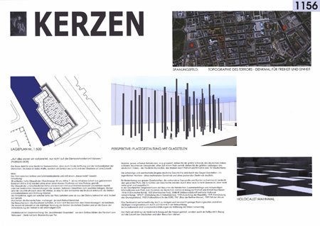 „Leuchtende Glasstelen“ als expliziter Bezug zum Denkmal für die ermordeten Juden Europas.
Entwurf Nr. 1156, Fenno Brockmann, Bad Zwischenahn
(© Fenno Brockmann)
(Zum Vergrößern bitte auf das Bild klicken.)