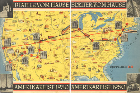 Titelblatt der Henkel-Werkszeitschrift „Blätter vom Hause“ (Doppelheft 5/6, 1950),
oben rechts: Henkel-Zentrale in Düsseldorf,
unten rechts: Henkel-Verkaufsdirektoren Fuchs und Kobold mit amerikanischem Straßenkreuzer. Die Landkarte zeigt ihre Reiseroute.
(Quelle: Konzernarchiv der Henkel KGaA)