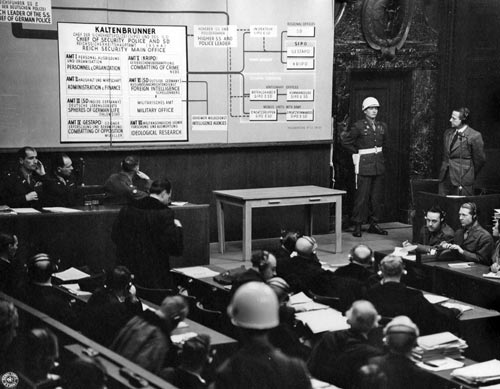 Otto Ohlendorf (rechts), ehemaliger Befehlshaber der Einsatzgruppe D, als Zeuge vor dem Nürnberger Hauptkriegsverbrecherprozess, 3. Januar 1946.