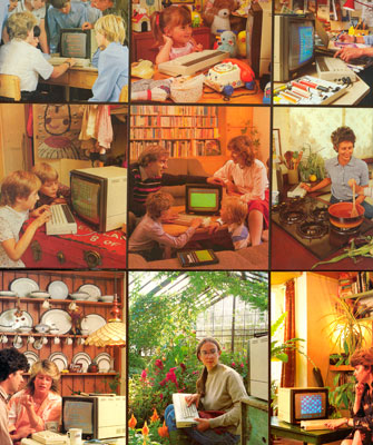 This matrix of images appeared on the retail packaging box for the Acorn Electron, an attempt by the BBC Micro’s manufacturer to enter the lower cost market defined in the UK by Sinclair and Commodore. Where the BBC Micro’s marketing had focused on education, the Electron was presented as more of an all-purpose machine for home use. Variations on the ‘domestic setting’ theme are multiplied to an extreme level.(James Sumner, personal collection)