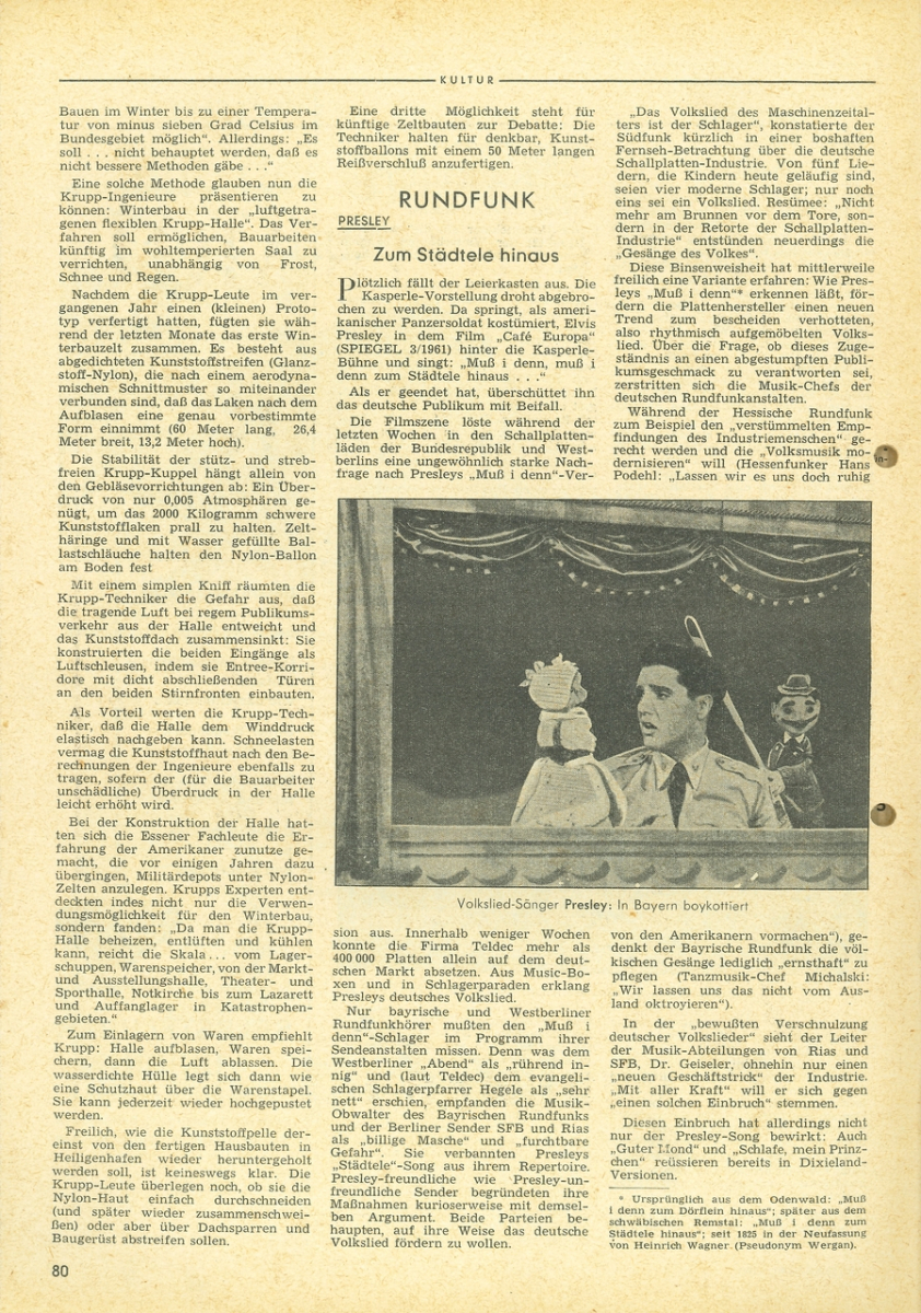 Elvis im Film: Ein Objekt der Be- und Verwunderung für die deutschen Medien (aus: Spiegel, 22.2.1961, S. 80)