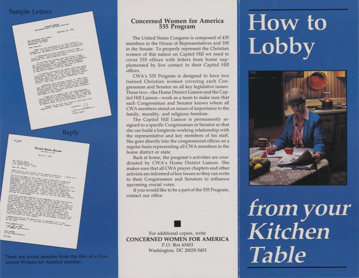 Politik (nur) im Privaten: »How to Lobby from your Kitchen Table«, Flyer der Concerned Women for America, 1986 (Sara Diamond collection on the U.S. right, BANC MSS 98/70, The Bancroft Library, University of California, Berkeley, Box 8, Folder 18)