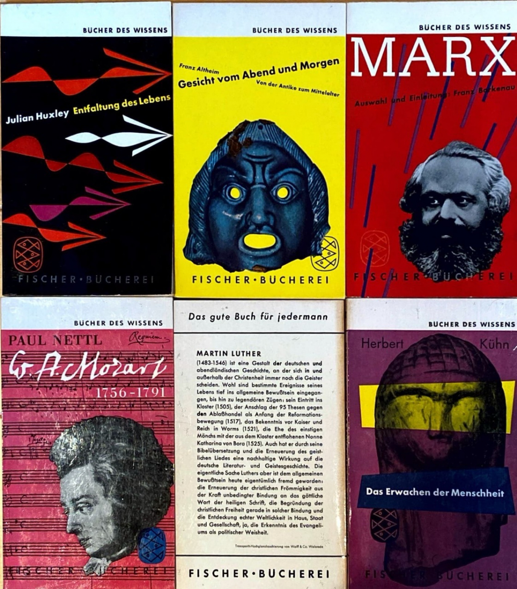 »Bücher des Wissens« in der Reihe »Fischer Bücherei – Das gute Buch für jedermann«. Beispiele aus den Jahren 1954 bis 1956, gestaltet von Wolf D. Zimmermann (1925–2001) (Collage: Ute Schneider)