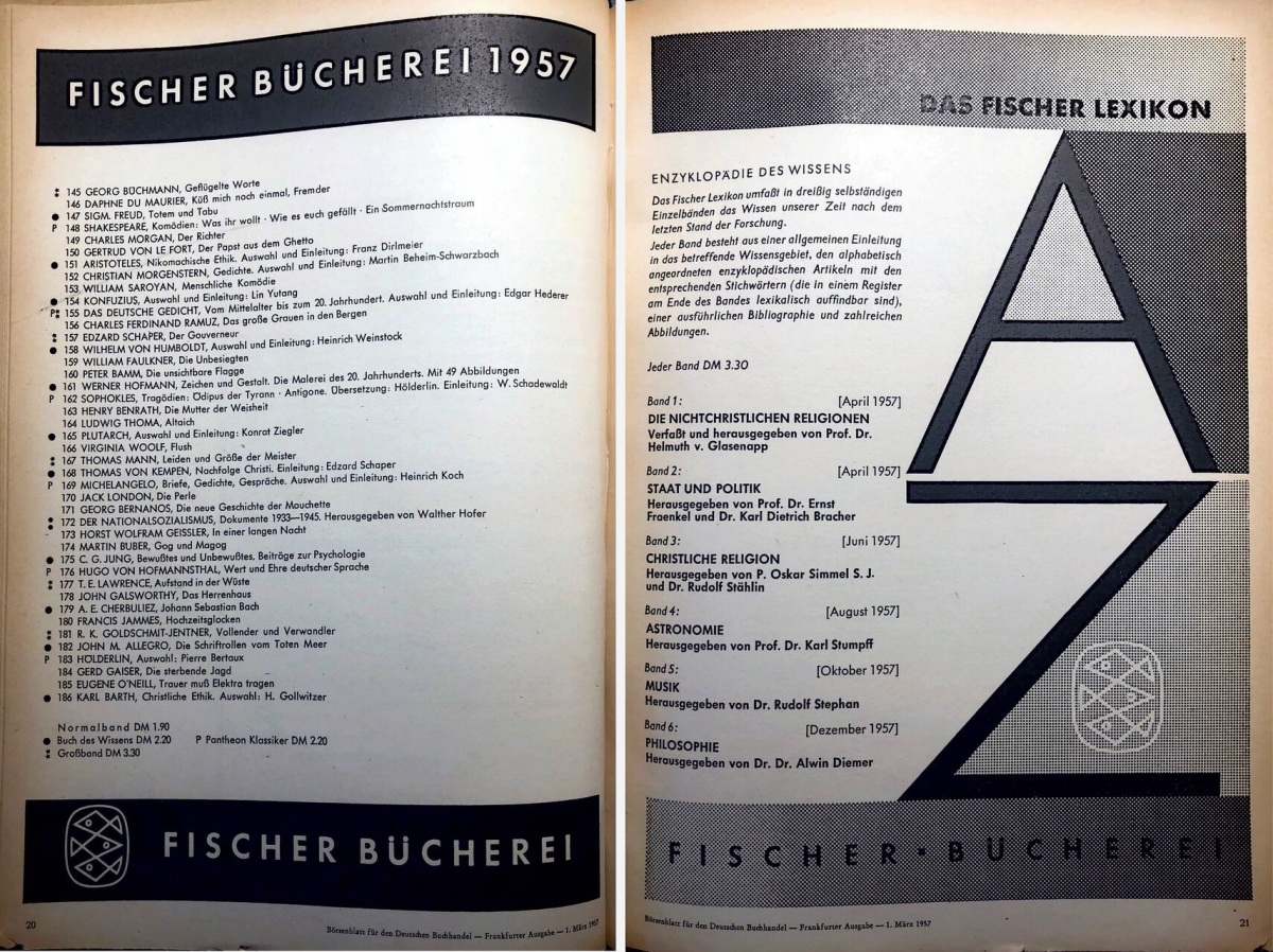 Werbeanzeige im Börsenblatt für den deutschen Buchhandel, Frankfurter Ausgabe vom 1. März 1957, S. 20f.