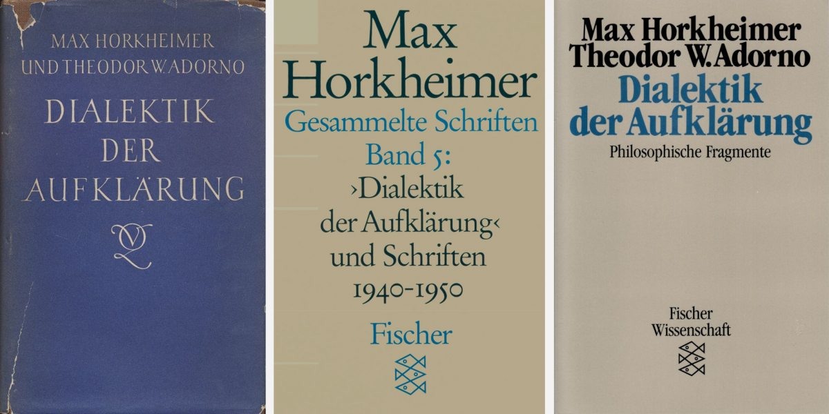 Max Horkheimer/Theodor W. Adorno, Dialektik der Aufklärung, New York: Social Studies Association 1944 (hektographiertes Manuskript); Dialektik der Aufklärung. Philosophische Fragmente, Amsterdam: Querido 1947; Frankfurt a.M.: S. Fischer 1969; Frankfurt a.M.: Fischer Taschenbuch Verlag 1988 (und öfter); Frankfurt a.M.: S. Fischer 2022 (»Jubiläumsausgabe« mit einem Vorwort von Eva von Redecker). Max Horkheimer, Gesammelte Schriften, Bd. 5: ›Dialektik der Aufklärung‹ und Schriften 1940–1950, hg. von Gunzelin Schmid Noerr, Frankfurt a.M.: Fischer Taschenbuch Verlag 1987. Die Seitenangaben der Zitate im folgenden Text beziehen sich auf die Taschenbuch-Ausgabe von 1988.