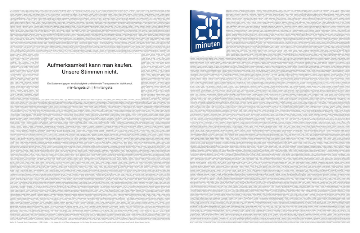 »Aufmerksamkeit kann man kaufen. Unsere Stimme nicht« – die Gegenposition zur SVP-Werbung (Titelblatt der Schweizer Gratis-Zeitung »20 Minuten«, 14. Oktober 2015) »Aufmerksamkeit kann man kaufen. Unsere Stimme nicht« – die Gegenposition zur SVP-Werbung (Titelblatt der Schweizer Gratis-Zeitung »20 Minuten«, 14. Oktober 2015)