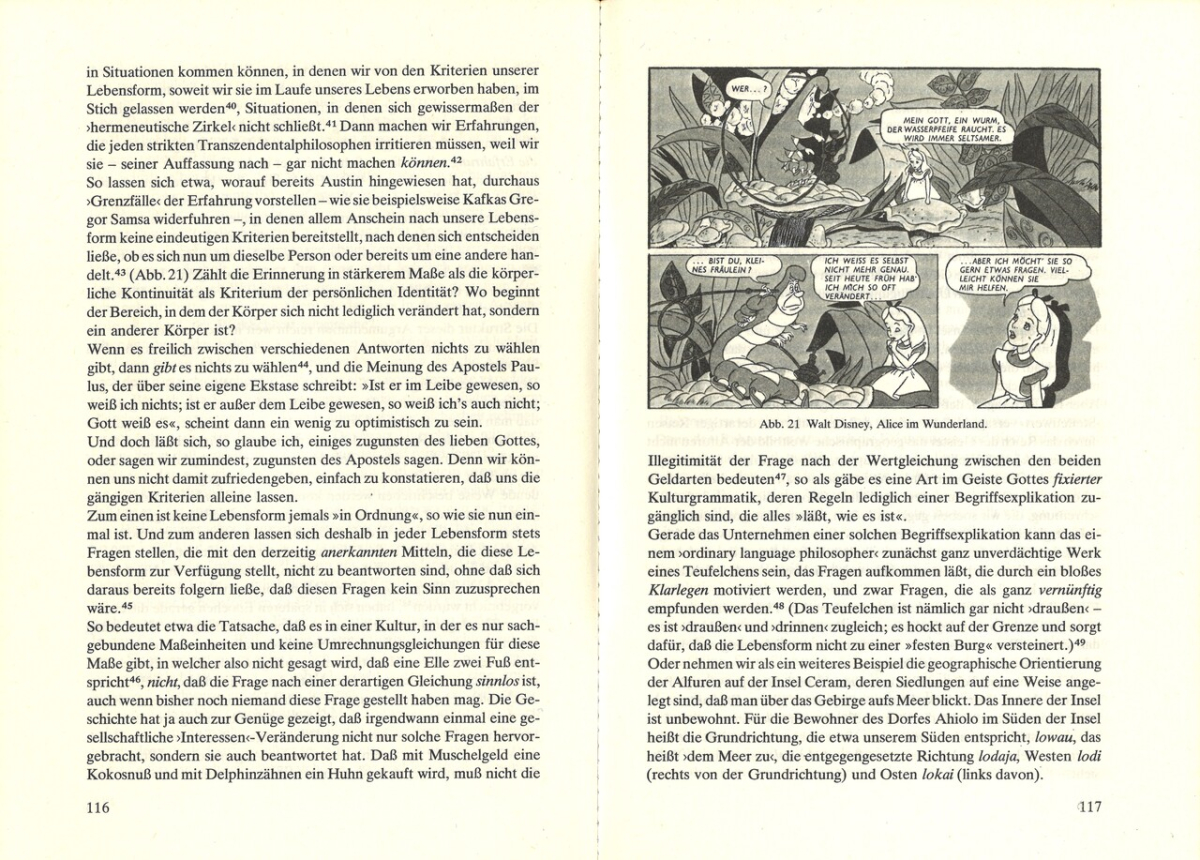 Zwischen Unterhaltung und Ernst: Walt Disneys Version von »Alice im Wunderland« begleitet Textpassagen zur Auflösung der subjektiven Identität. (aus: Hans Peter Duerr, Traumzeit. Über die Grenze zwischen Wildnis und Zivilisation, Frankfurt a.M.: Syndikat 1978, S. 117) Zwischen Unterhaltung und Ernst: Walt Disneys Version von »Alice im Wunderland« begleitet Textpassagen zur Auflösung der subjektiven Identität. (aus: Hans Peter Duerr, Traumzeit. Über die Grenze zwischen Wildnis und Zivilisation, Frankfurt a.M.: Syndikat 1978, S. 117)