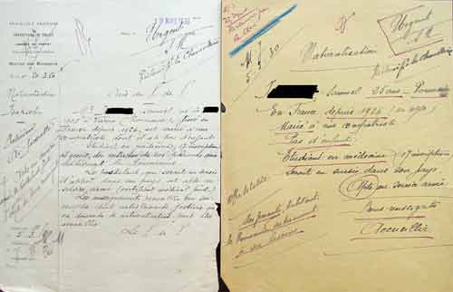 Stellungnahme der Polizeipräfektur zum Einbürgerungsantrag von Samuel I., 19.3.1930, und Zusammenfassung der Informationen über ihn, 5.3.1930 (aus: APP Ia 100)