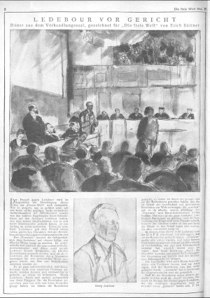 Zeichnung von Erich Büttner (1889–1936) zum Prozess gegen den USPD-Politiker Georg Ledebour (1850–1947, stehend, Bildmitte), der mit Karl Liebknecht und dem Revolutionären Obmann Paul Scholze (1886–1938) im Januaraufstand den »Revolutionsausschuss« geleitet hatte. Ledebour war, anders als üblich, gestattet worden, auf der Bank neben seinen Anwälten zu sitzen (v.l.n.r. vermutlich: Gerhard Obuch, Theodor Liebknecht, Kurt Rosenfeld, Joseph Herzfeld). (aus: Die freie Welt. Illustrierte Wochenschrift der Unabhängigen Sozialdemokratie Deutschlands, 28.5.1919, 1. Jg., H. 5, S. 2)