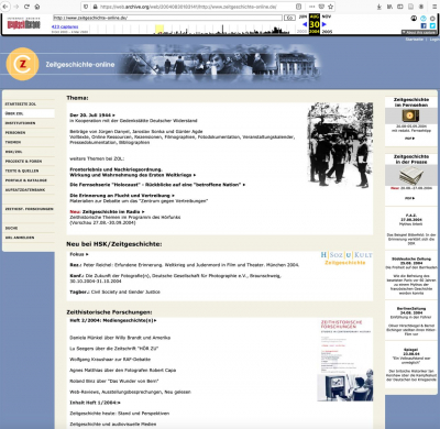 Ein Screenshot der Website des Portals »Zeitgeschichte-online« vom 30. August 2004, wie sie in der Ansicht der »Wayback Machine« (siehe Anm. 38) des privaten »Internet Archive« »wiedergeboren« wird