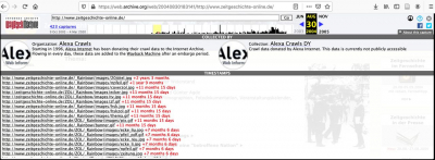 Mit der Funktion »Timestamps« kann man sichtbar machen, wie die Algorithmen der »Wayback Machine« die Darstellung der Website rekonstruieren und dabei zu unterschiedlichen Zeiten gemachte »Captures« nutzen, um die Website möglichst komplett erscheinen zu lassen. Einige Bilder stammen dabei aus »Captures«, die mehr als zwei Jahre zeitlichen Unterschied zum »Original« aufweisen, somit in keinster Weise eine integre und authentische Wiedergabe der Website bieten, wie sie am 30. August 2004 aussah. Selbst die Wiedergabe der originalen Website konnte je nach benutztem Browser unterschiedlich aussehen.