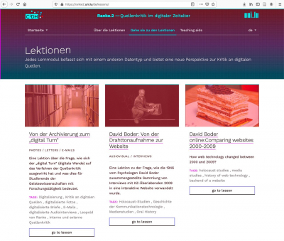 Screenshot der Lernplattform zur Quellenkritik im digitalen Zeitalter (»Ranke.2«) am Luxembourg Centre for Contemporary and Digital History (C2DH)
